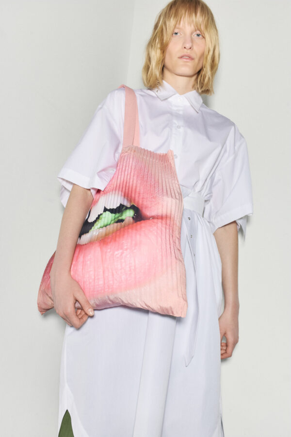 marios pleated tote bag macro print lips by Sara Scanderebech