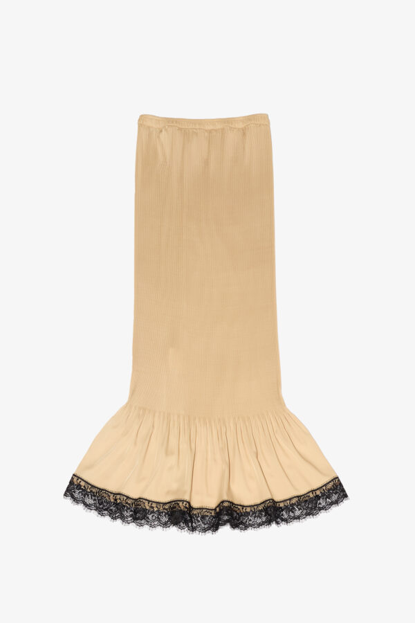 marios pleated beige satin skirt with black lace details