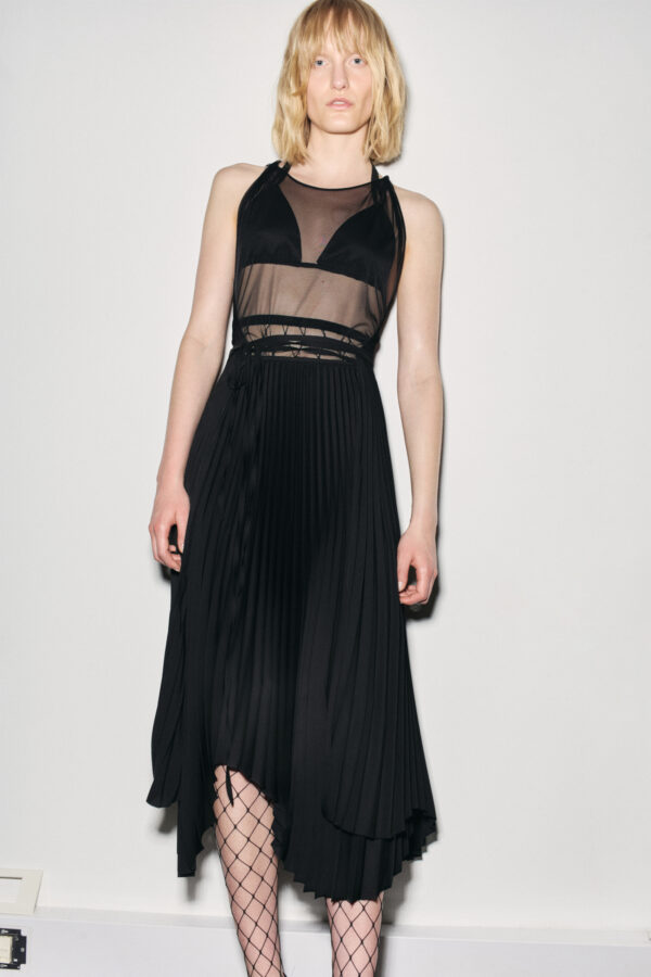 marios side open black mesh and satin dress