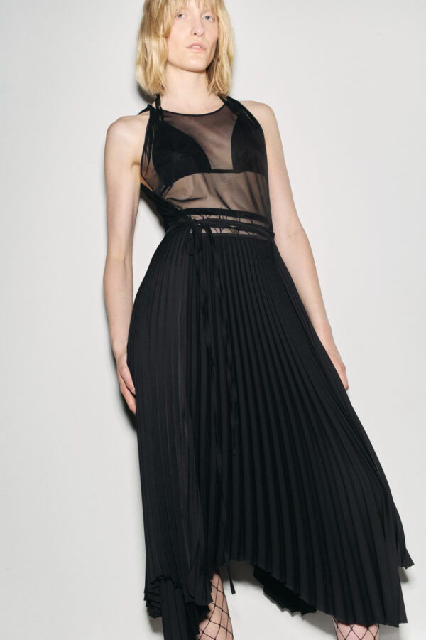 marios side open black mesh and satin dress