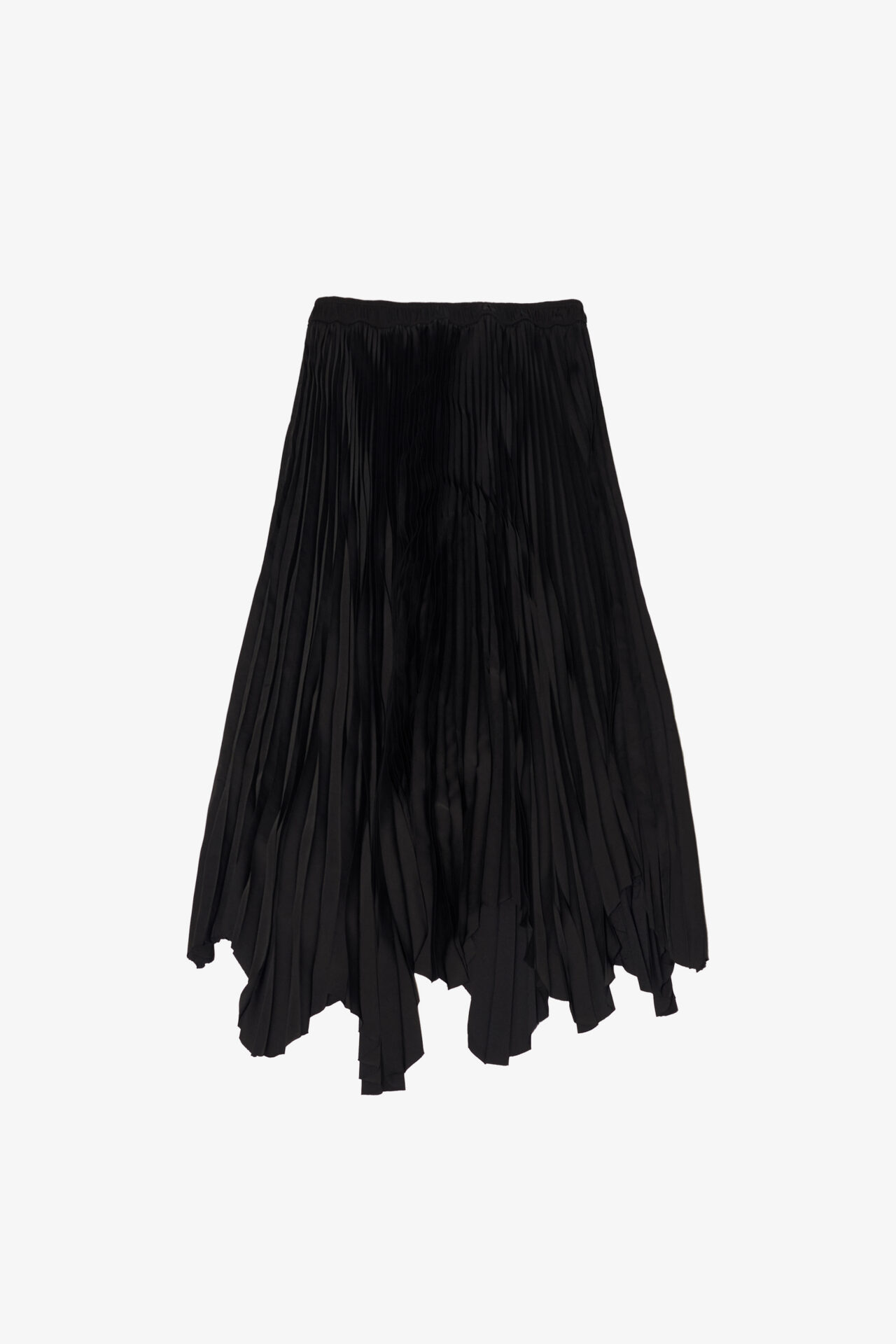 MARIOS Black pleated asymmetric skirt by MARIOS featuring an all-over soleil pleated construction, elastic waistband and irregular handkerchief hem. Fluid silhouette.