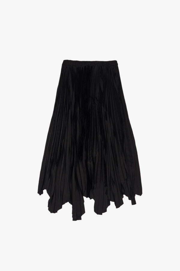 MARIOS Black pleated asymmetric skirt by MARIOS featuring an all-over soleil pleated construction, elastic waistband and irregular handkerchief hem. Fluid silhouette.