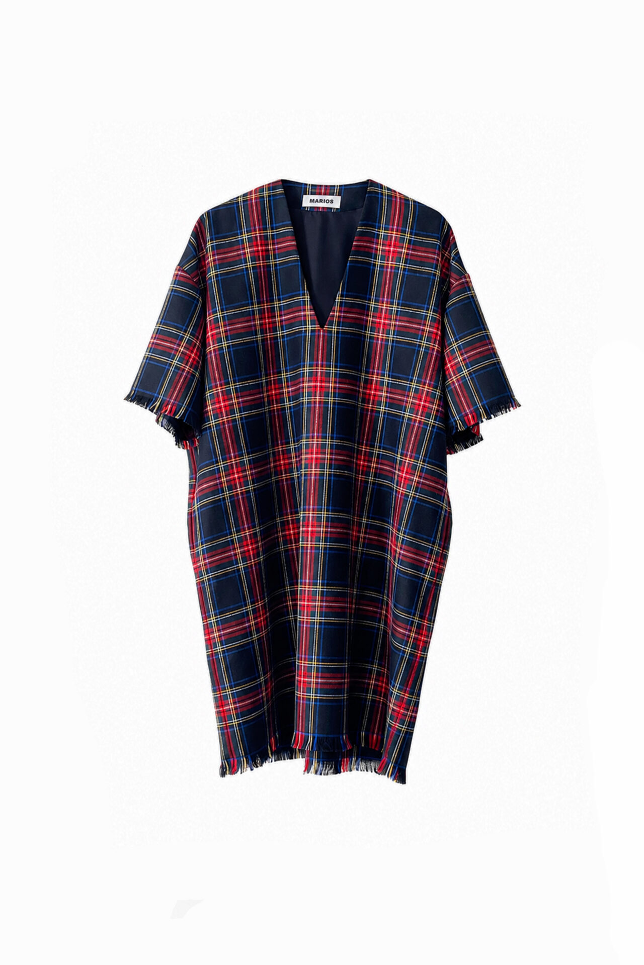 MARIOS wool tartan dress, black, red and yellow plaid with V-neck, short sleeves, side pockets and frayed edges.