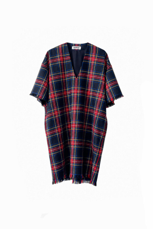 MARIOS wool tartan dress, black, red and yellow plaid with V-neck, short sleeves, side pockets and frayed edges.