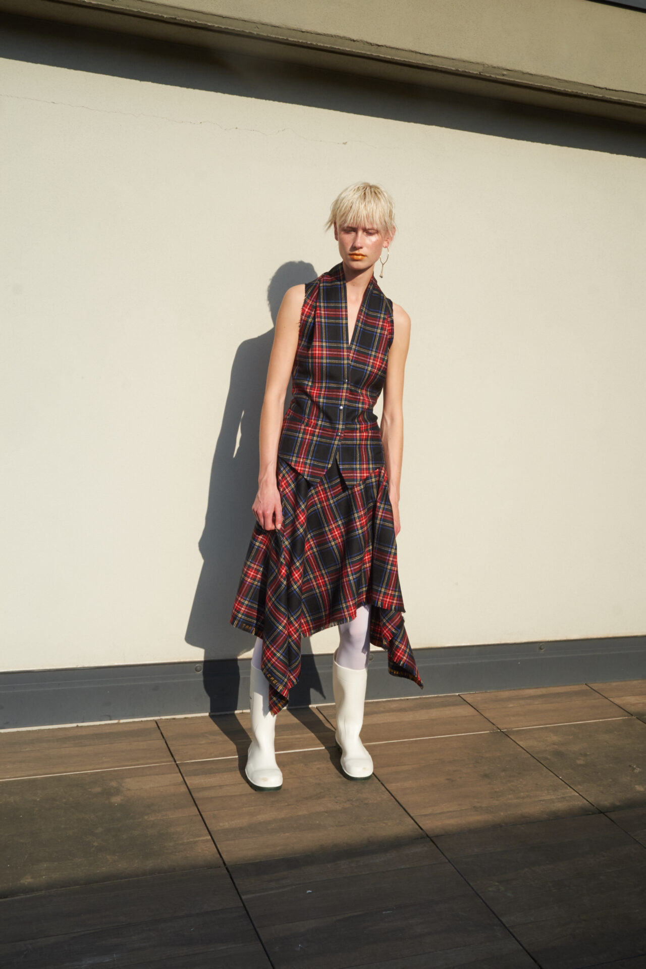 marios asymmetric plaid skirt wool tartan black