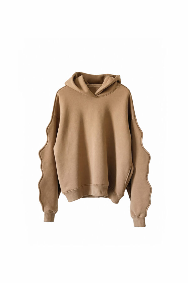 MARIOS camel cotton hoodie with sculptural wavy sleeve seams, oversized loose boxy and hood.