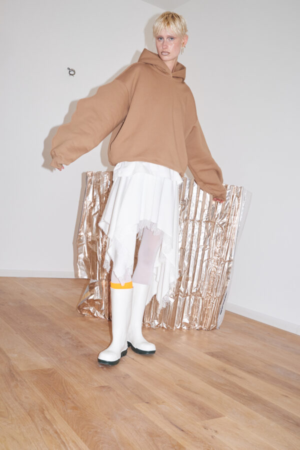 MARIOS camel cotton hoodie with sculptural wavy sleeve seams, oversized loose boxy and hood.