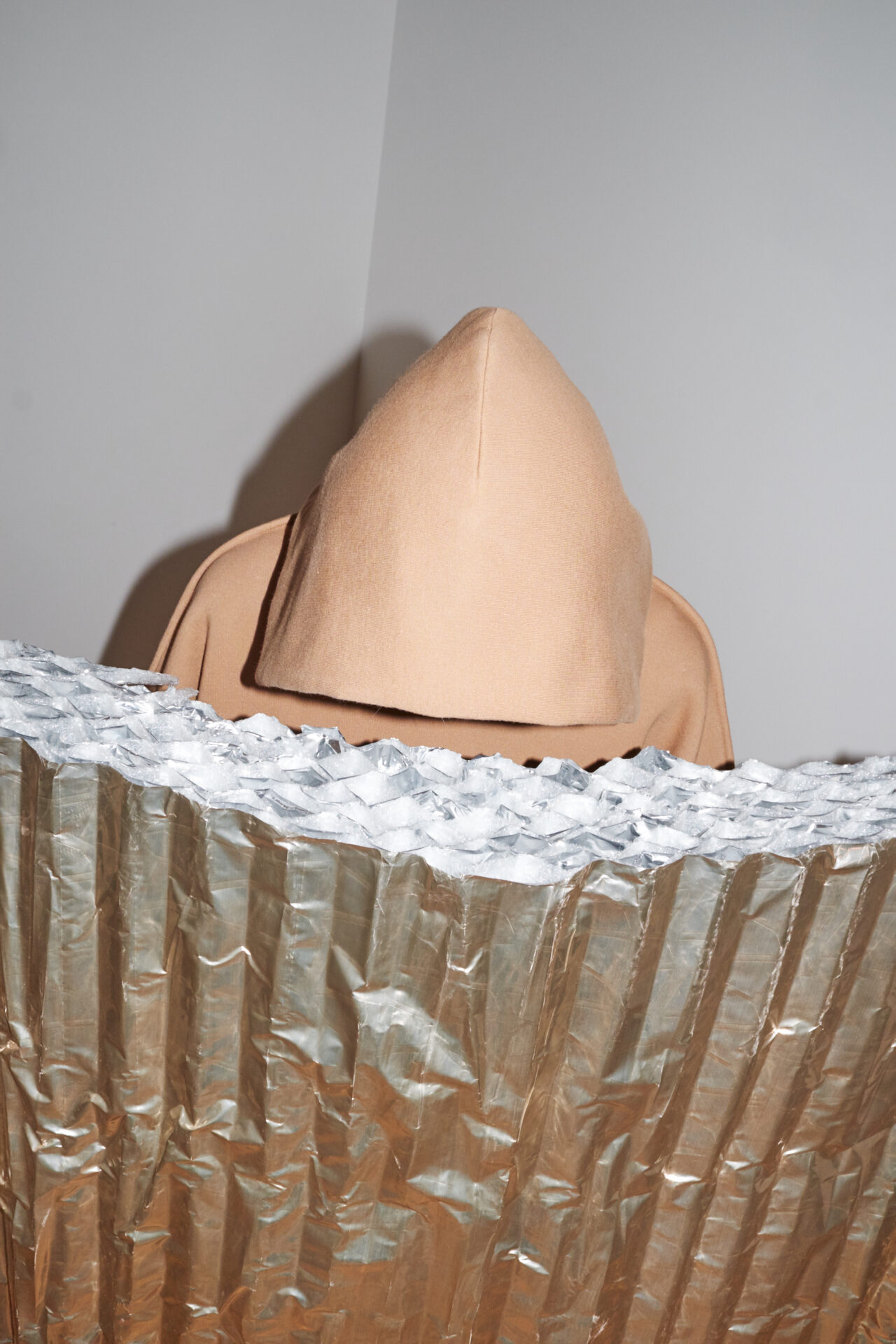 MARIOS camel cotton hoodie with sculptural wavy sleeve seams, oversized loose boxy and hood.
