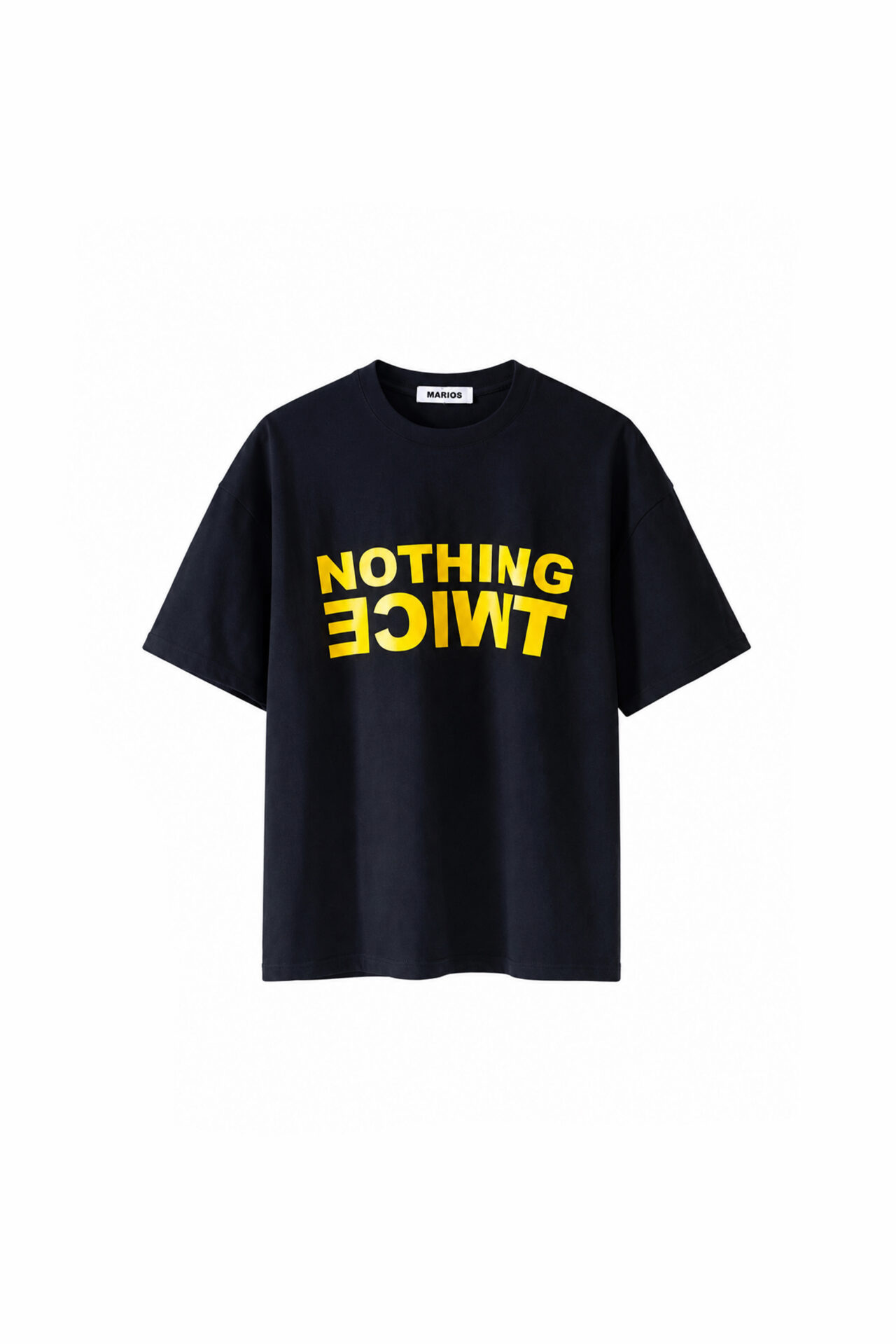 MARIOS black cotton boxy T-shirt with bold yellow mirrored "NOTHING TWICE" print on the front, crew neck, dropped shoulders and relaxed unisex fit.