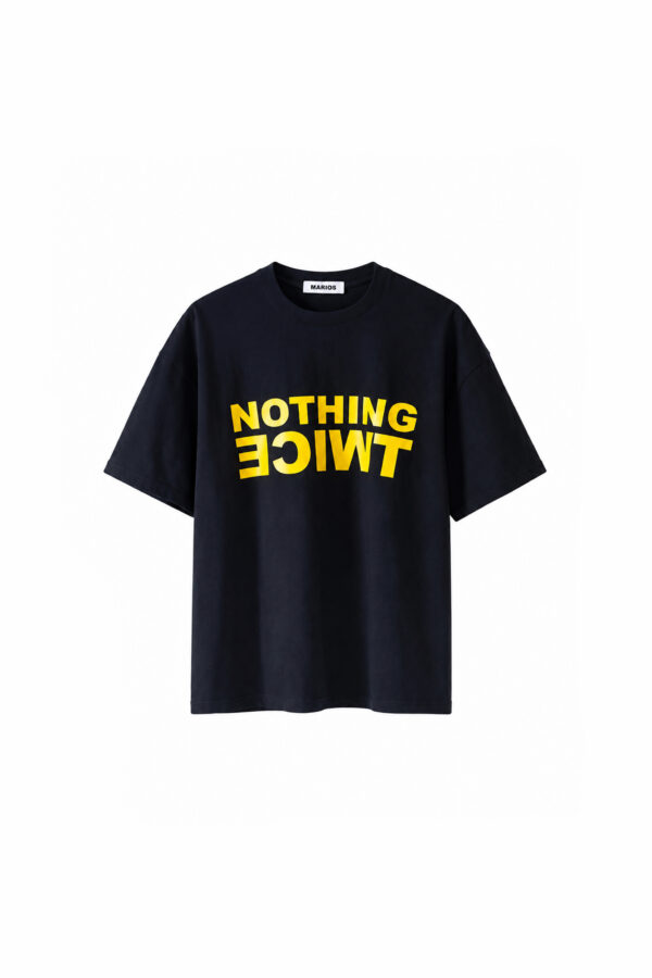 MARIOS black cotton boxy T-shirt with bold yellow mirrored "NOTHING TWICE" print on the front, crew neck, dropped shoulders and relaxed unisex fit.