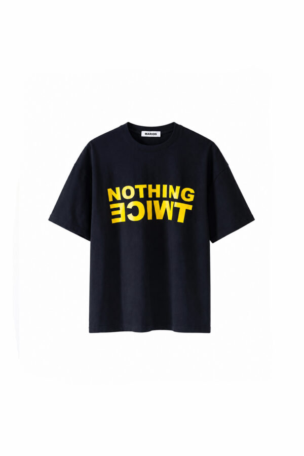 MARIOS black oversized cotton T-shirt with yellow “NOTHING NICE” graphic print, front view on white background.