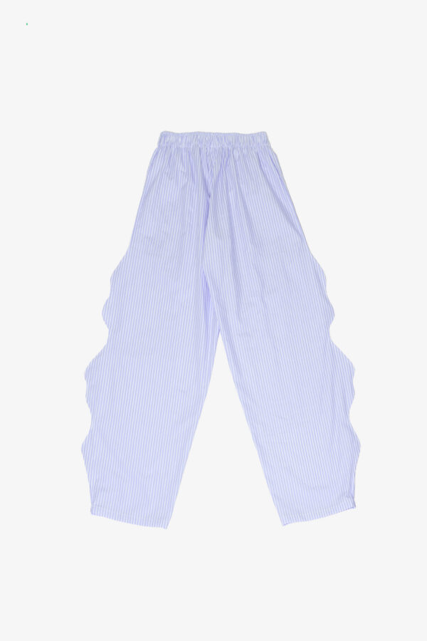 MARIOS Light blue and white striped cotton poplin trousers featuring an elasticated waistband, side pockets, wide legs and sculptural wavy side seams.