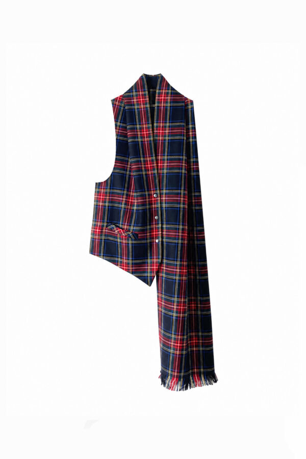 MARIOS wool tartan scarf in black, red and yellow plaid featuring a vest-shaped panel with snap buttons, pocket detail and fringed hem.