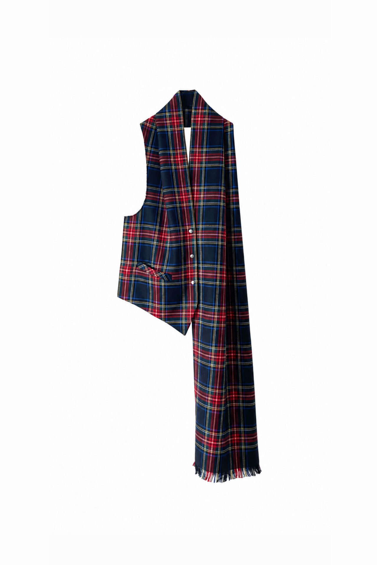 MARIOS asymmetric black tartan vest scarf in wool