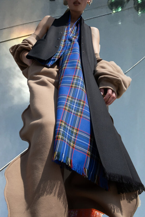 MARIOS asymmetric blue tartan vest scarf in wool