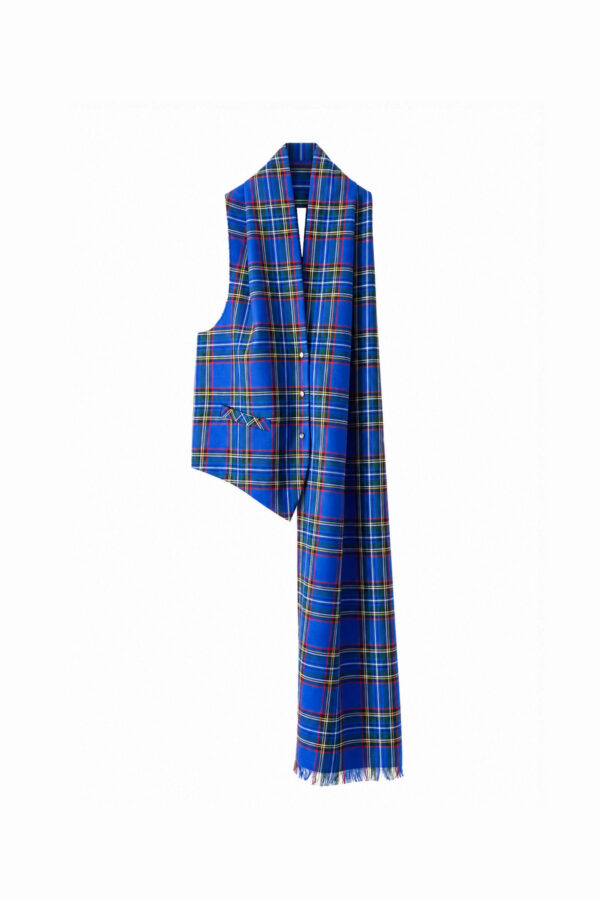 MARIOS asymmetric blue tartan vest scarf in wool