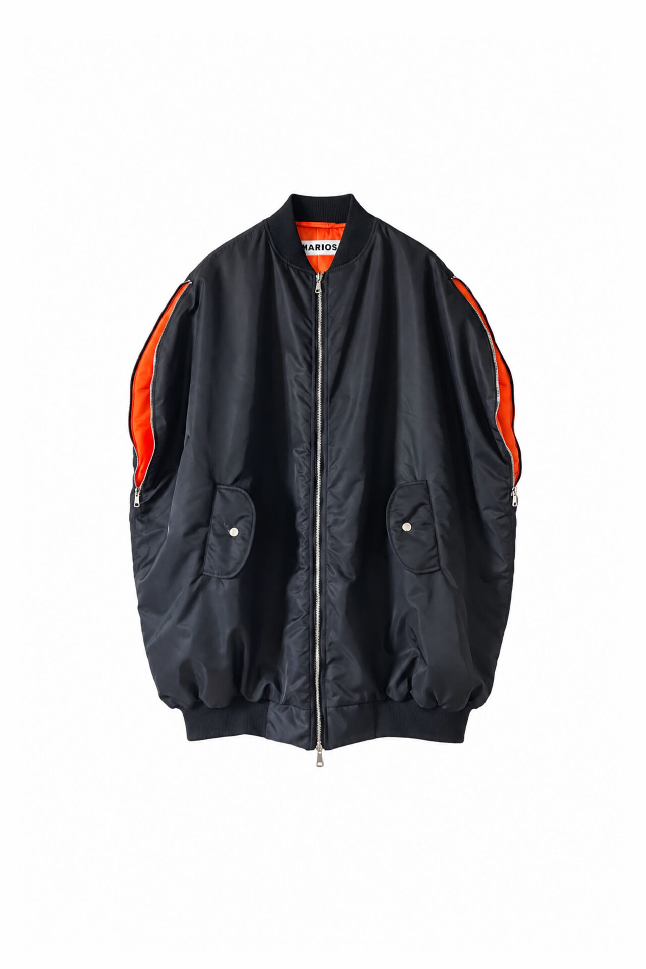 Front view of the MARIOS black Uovo bomber jacket with a rounded silhouette, zipped sleeve openings and contrasting orange lining.