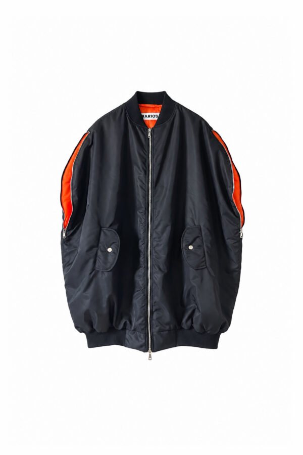 Front view of the MARIOS black Uovo bomber jacket with a rounded silhouette, zipped sleeve openings and contrasting orange lining.